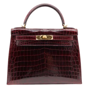 Artisan-Grade Hermès Dupes - Kelly 28 Sellier Bordeaux Shiny Niloticus Gold HW