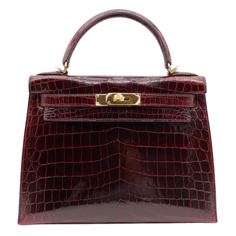 Artisan-Grade Hermès Dupes - Kelly 28 Sellier Bordeaux Shiny Niloticus Gold HW