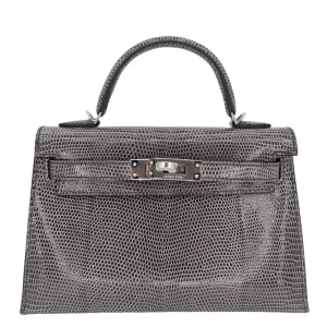Artisan-Grade Hermès Dupes - Kelly II Sellier Mini Ardoise Shiny Lizard Palladium HW