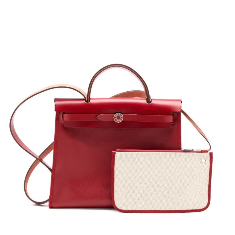 Hermes Herbag Zip 31 Rouge Piment Berline Canvas Silver HW Premium Replica Front