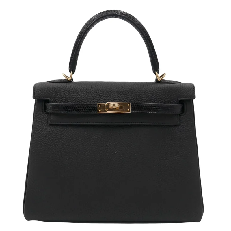 High-End Hermès Inspired - Kelly 25 Touch Black Lizard/Togo Gold HW