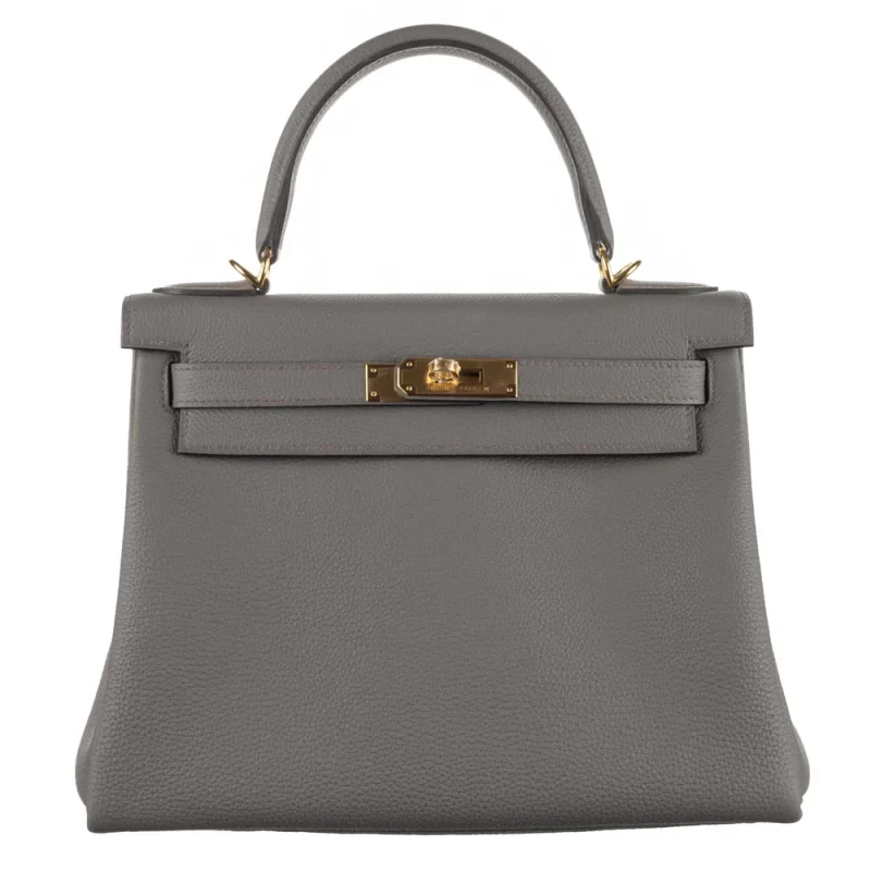 Hermes Kelly 28 Inspired Birmingham 1 High-End Hermès Inspired – Kelly 28 Retourne Gris Etain Togo Gold HW - Premium Alternative Bag