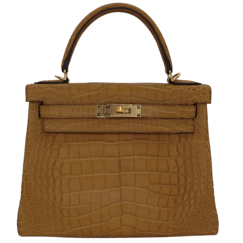 High-End Hermès Inspired - Kelly 28 Retourne Kraft Matte Alligator Gold HW