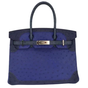 Mirror Quality Hermès Replicas - Birkin 30 Ghillies Bleu Roi Ostrich Permabrass HW