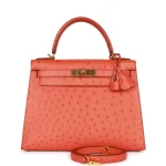 Mirror Quality Hermès Replicas - Kelly 28 Sellier Tangerine Ostrich Gold HW